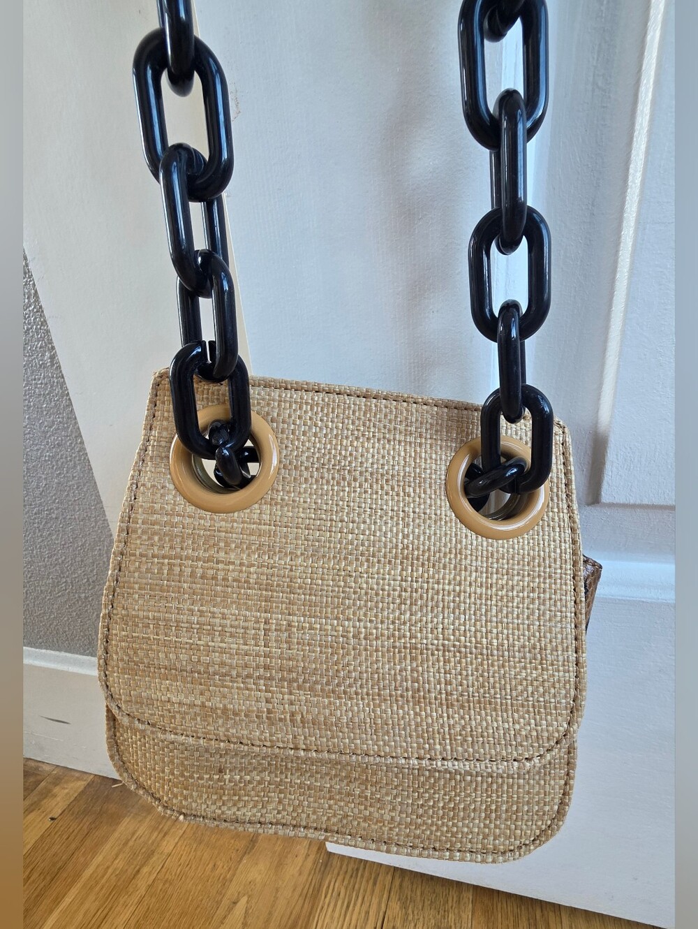Studio 33 Neutral Woven Crossbody Bag with Black Chain Strap